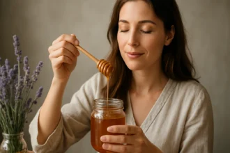 Žena s medom a levanduľou, skúma chuť levanduľového medu