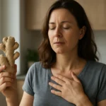 Žena s koreňom zázvoru, prežívajúca jeho pozitívne účinky