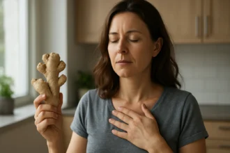 Žena s koreňom zázvoru, prežívajúca jeho pozitívne účinky