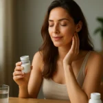 Žena s doplnkami výživy pre zdravie a krásu, relaxuje.