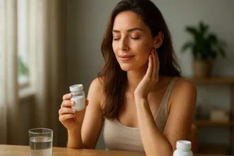 Žena s doplnkami výživy pre zdravie a krásu, relaxuje.