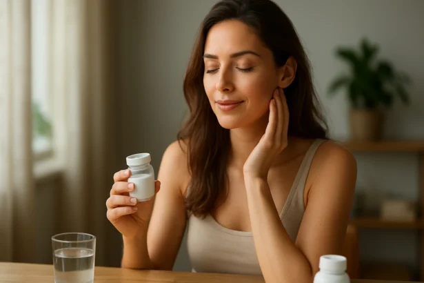 Žena s doplnkami výživy pre zdravie a krásu, relaxuje.