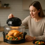 Žena varí s halogénovou rúrou a pripravuje chutné jedlo.