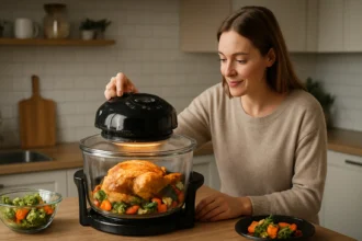 Žena varí s halogénovou rúrou a pripravuje chutné jedlo.