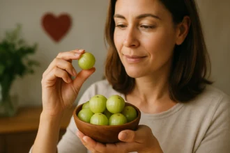 Žena drží misku s ovocím amla, prírodným liekom pre zdravé srdce.