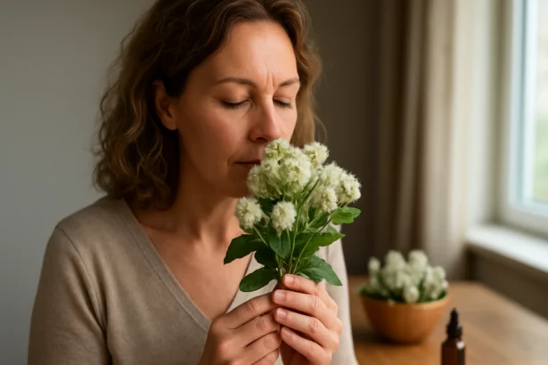 Žena cíti vôňu vatovca obyčajného, prírodného liečiteľa.