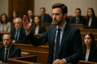 Muž vystupujúci v súdnej sieni ako hovorca politiky.