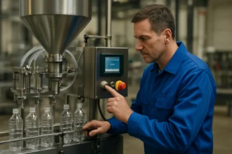 Pracovník ovládajúci sériový dávkovač v priemyselnej prevádzke