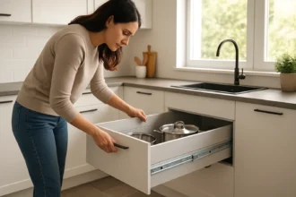 Žena otvára zásuvku v modernej kuchyni s teleskopickými rúrovými koľajnicami.