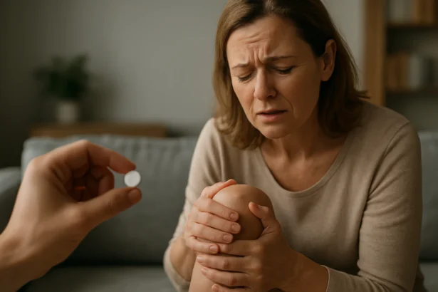 Žena trpiaca bolesťou kĺbov s tabletkou indometacínu v ruke.