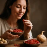 Žena si vychutnáva goji bobule ako súčasť zdravej stravy.