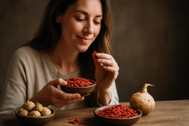 Žena si vychutnáva goji bobule ako súčasť zdravej stravy.