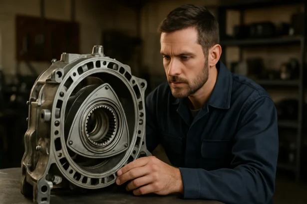 Odborník skúma rotačný hviezdicový motor v dielni.