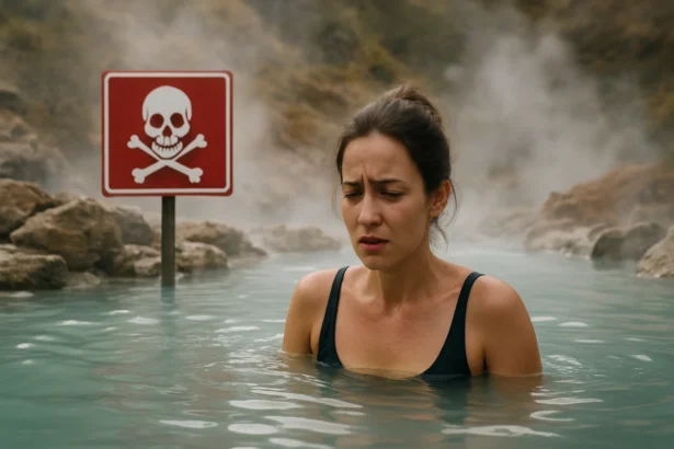 Žena v termálnej vode s varovným signálom nebezpečenstva