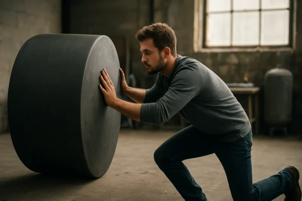 Muž sa snaží pohnúť so zotrvačným objektom v interiéri.