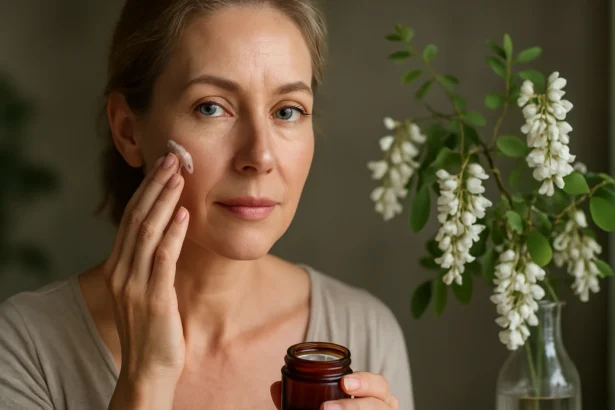 Žena nanášajúca krém na pleť s agátovým kvetom v pozadí