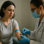 Žena pri odbere krvi, zameraní na imunitný systém a T-bunky.