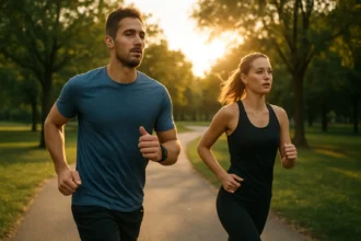 Pár behajúcich športovcov v parku za slnečného dňa.