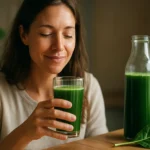 Žena vychutnávajúca si zelený nápoj s chlorofylom.