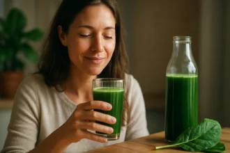 Žena vychutnávajúca si zelený nápoj s chlorofylom.