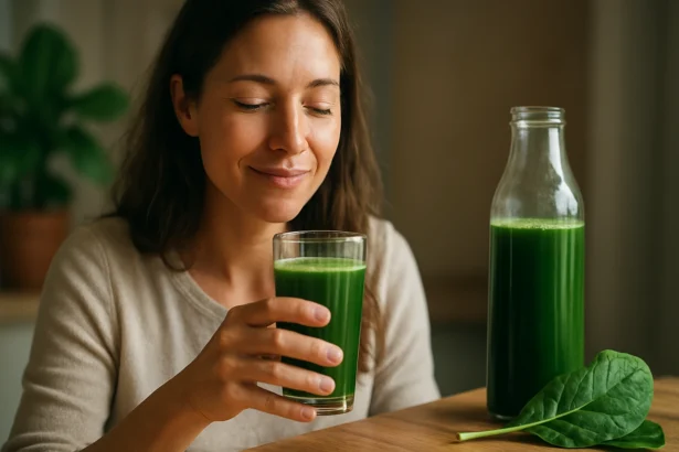 Žena vychutnávajúca si zelený nápoj s chlorofylom.