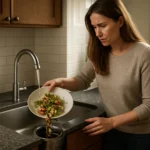 Žena likviduje kuchynský odpad pomocou drviča v umývadle.