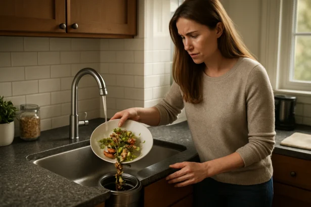Žena likviduje kuchynský odpad pomocou drviča v umývadle.