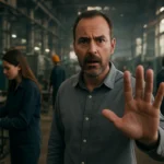 Muž vyjadrujúci prekvapenie v priemyselnom prostredí