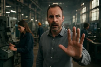 Muž vyjadrujúci prekvapenie v priemyselnom prostredí