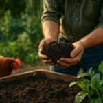 Muž drži kvalitný kurací hnoj pri rastlinách v záhrade.