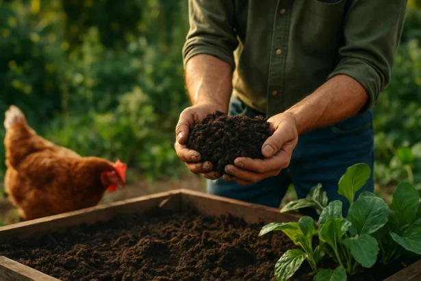 Muž drži kvalitný kurací hnoj pri rastlinách v záhrade.