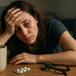 Žena so zdôrazneným únavou a stresom, symbolizujúca nedostatok spánku