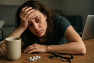 Žena so zdôrazneným únavou a stresom, symbolizujúca nedostatok spánku