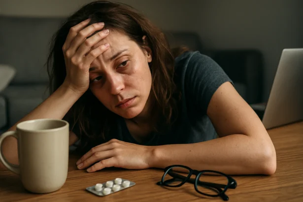 Žena so zdôrazneným únavou a stresom, symbolizujúca nedostatok spánku