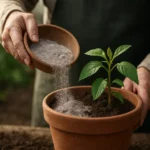 Muž presypávajúci popol z dreva do kvetináča s rastlinou.