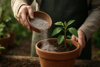 Muž presypávajúci popol z dreva do kvetináča s rastlinou.