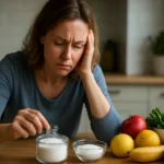 Žena premýšľajúca o nebezpečenstve cukru a zdravých alternatívach.