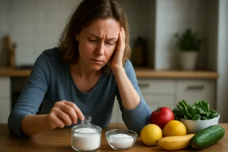 Žena premýšľajúca o nebezpečenstve cukru a zdravých alternatívach.