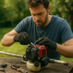 Oprava motoru krovinorezu s praktickými nástrojmi v prírode.