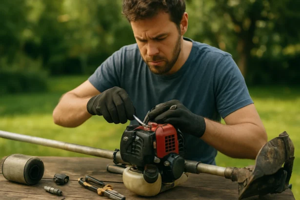 Oprava motoru krovinorezu s praktickými nástrojmi v prírode.