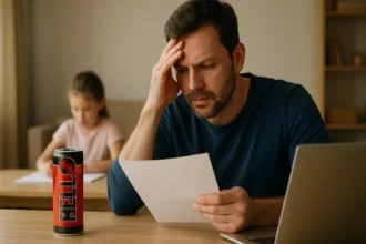 Muž skúma zloženie energetického nápoja Hell Energy.