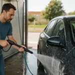 Muž umýva auto v samoobslužnej autoumyvárni.