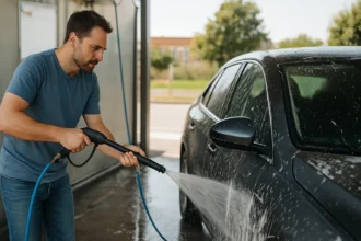Muž umýva auto v samoobslužnej autoumyvárni.