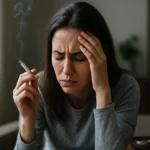 Žena s cigaretou vyzerá skľúčene, bojujúca so závislosťou.