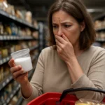 Žena s prekvapeným výrazom kontroluje dusitanovú soľ v obchode.