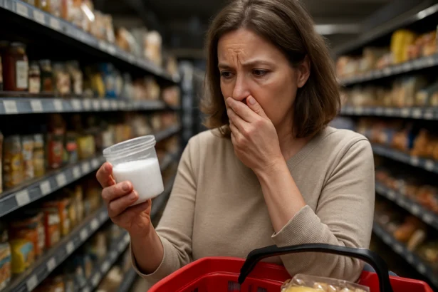 Žena s prekvapeným výrazom kontroluje dusitanovú soľ v obchode.