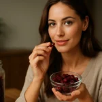 Žena si vychutnáva sušené brusnice v miske a v sklenenej nádobe.