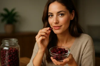 Žena si vychutnáva sušené brusnice v miske a v sklenenej nádobe.