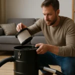 Muž kontroluje filter vysávača na popol pre efektívne čistenie.