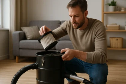 Muž kontroluje filter vysávača na popol pre efektívne čistenie.